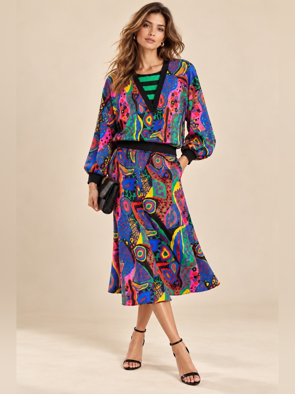 VTG Diane Freis Georgette  Vibrant Abstract Print Wool Trim Top Maxi Skirt Set